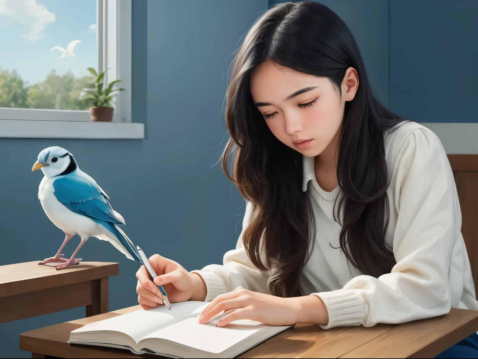 ((best quality)), ((masterpiece)), (detailed), A digital illustration of a long black haired teenage girl studying with a blue and white bird perched on her shoulder