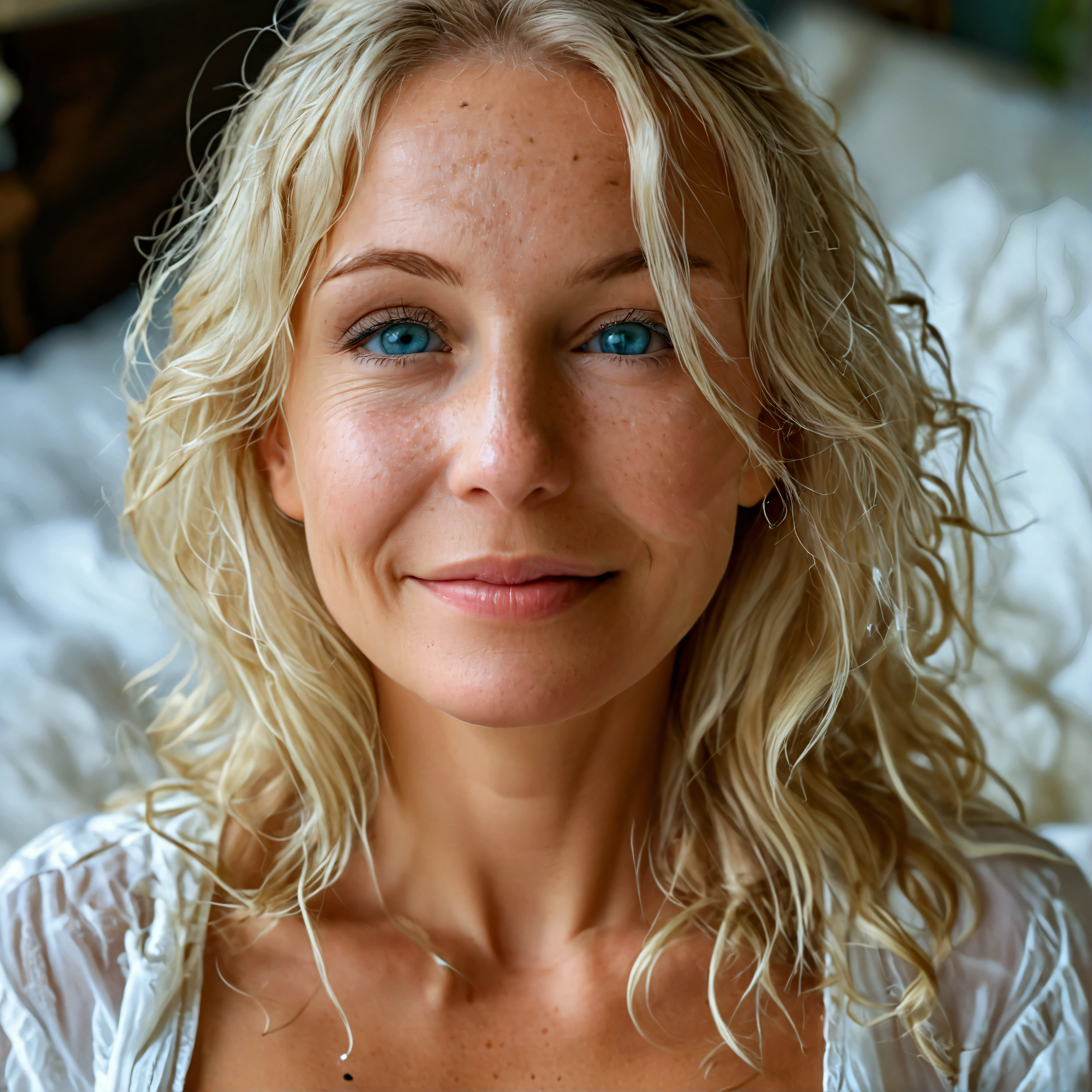 solo, photorealistic, best quality, hyper detailed, (((38-year-old Norwegian woman))), (((mature-looking face))), (((high detailed skin texture and pores))), (((moles))), (((high detailed deep wrinkles))), (((medium length wavy blonde hair))), (((Norwegian eyes))), (((Norwegian face))), (((Norwegian nose))), (((Norwegian lips))), (((Norwegian body type))), (((realistic nipples))), BREAK, ((full body)), ((she's nude)), dynamic pose, ((background: bedroom)), seductive, smile, BREAK, to8contrast style, (dimly lit, low lit, deep focus, harsh shadows), (dark scene:1.2), cinematic lighting, ((looking at viewer))