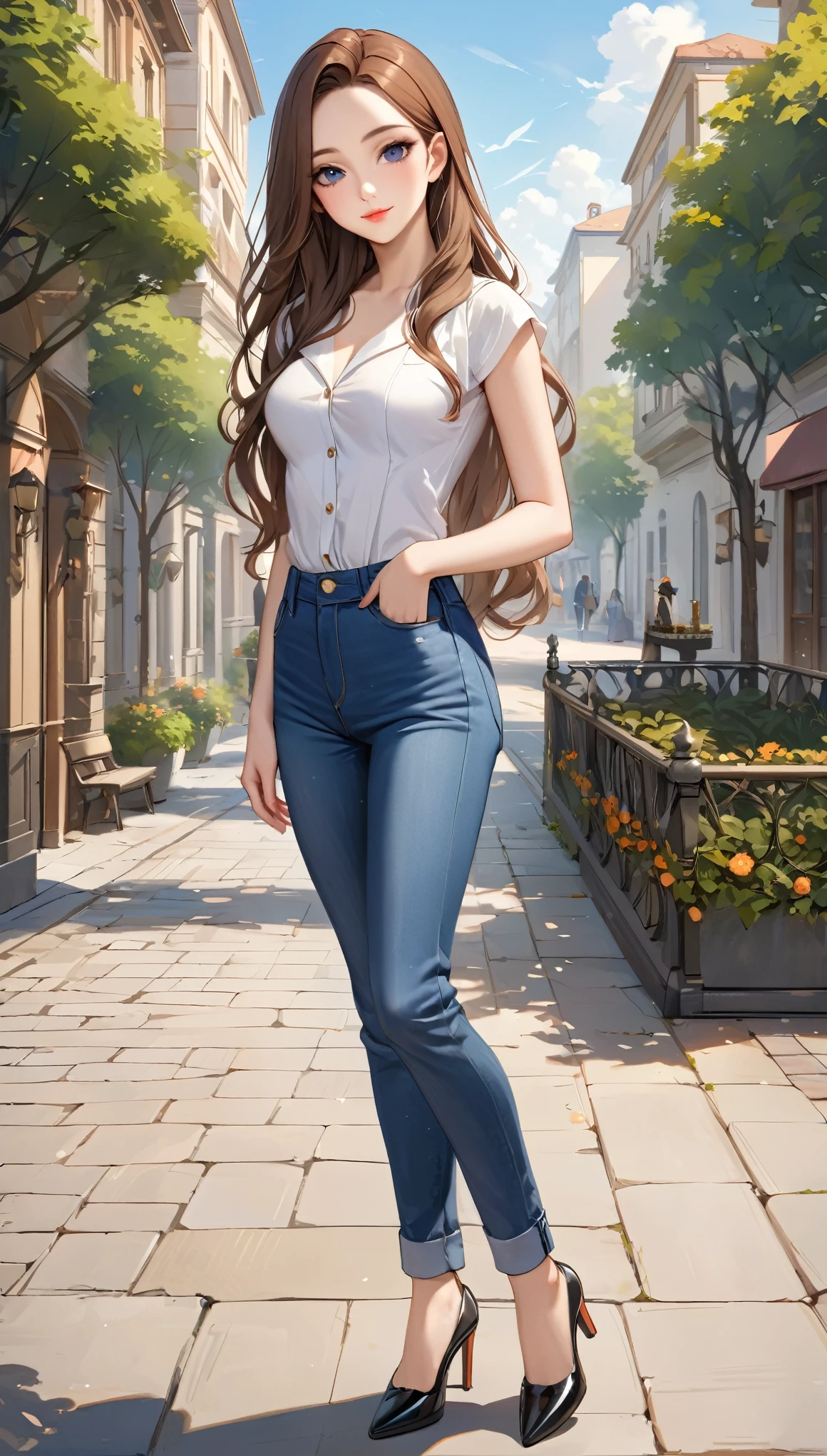 ((best quality, masterpiece:1.3, 8K)), (detailed), highly detailed face and skin texture, detailed eyes, full body, outdoor, (slender body:1.1), 1girl, (solo), (18+ years old), white skin, bright lips, seductive smile, long hair, forehead, brown hair, classy outfit, medium breast, (jeans pants), 