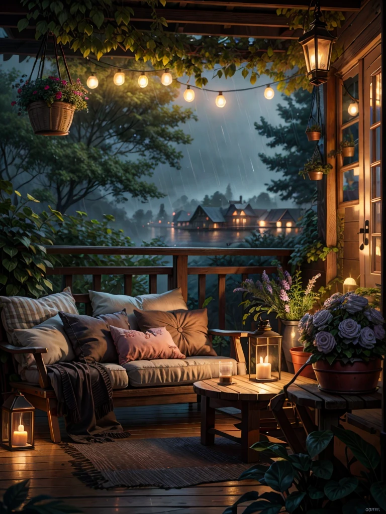 painting of a couch sitting on top of a wooden deck, cozy night fireflies, cozy and peaceful atmosphere, cozy atmosphere, soothing and cozy landscape, rainy evening, pleasant cozy atmosphere, cozy home background, cosy atmosphere, cozy place, at evening during rain, beautiful terrace, by Evgeny Lushpin, cozy setting, rainy environment, cozy atmospheric, cosy atmoshpere, 4k hd,, beautiful art uhd 4 k, a beautiful artwork illustration, beautiful digital painting, highly detailed digital painting, beautiful digital artwork, detailed painting 4 k, very detailed digital painting, rich picturesque colors, gorgeous digital painting
