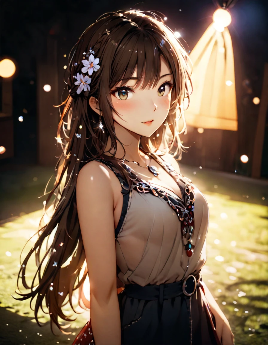 Highest quality, masterpiece, Boho Eye Hinai Girl, Playful Themes,
Raw photo of a girl wearing a long shirt。Decorative details and symbols are often used。, Long brown hair cascading down to the shoulders,
A mid-range shot taken with a long-range lens, High Key Light, Hard Shadows, Soft bokeh, Professional photography, A balanced deal, Balanced Exposure,