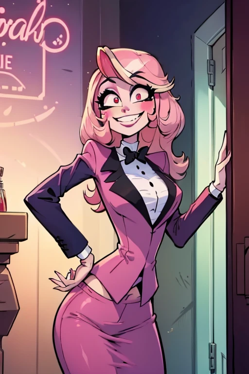 Perfect face. Perfect hand. A pink haired woman with violet eyes and an hourglass figure in a suit is smiling in a Gothic office with a big smile