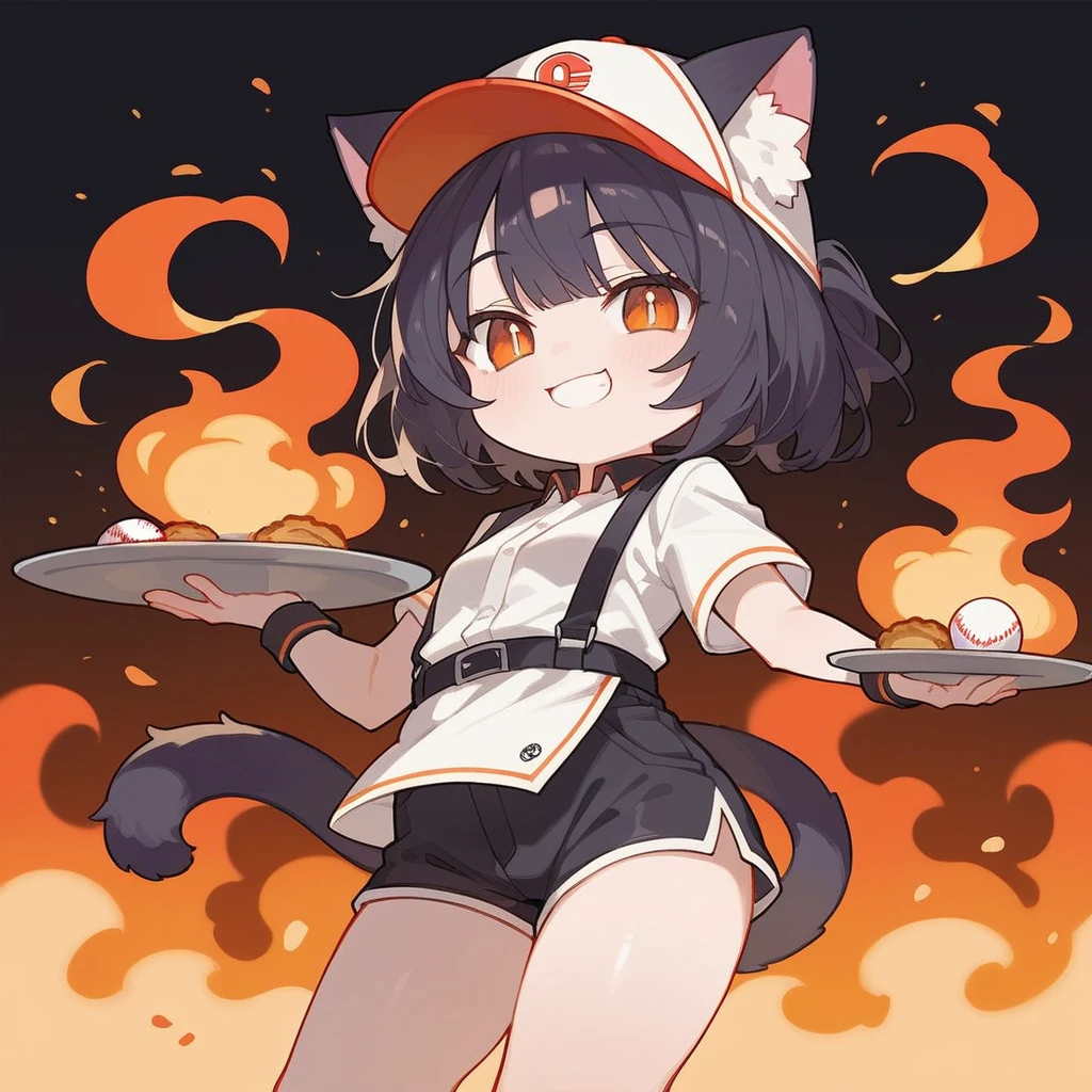 source_anime, score_9, score_8_up, BREAK a chibi 1girl on a server room on fire, cat ears, baseball hat, shirt, shorts, smile