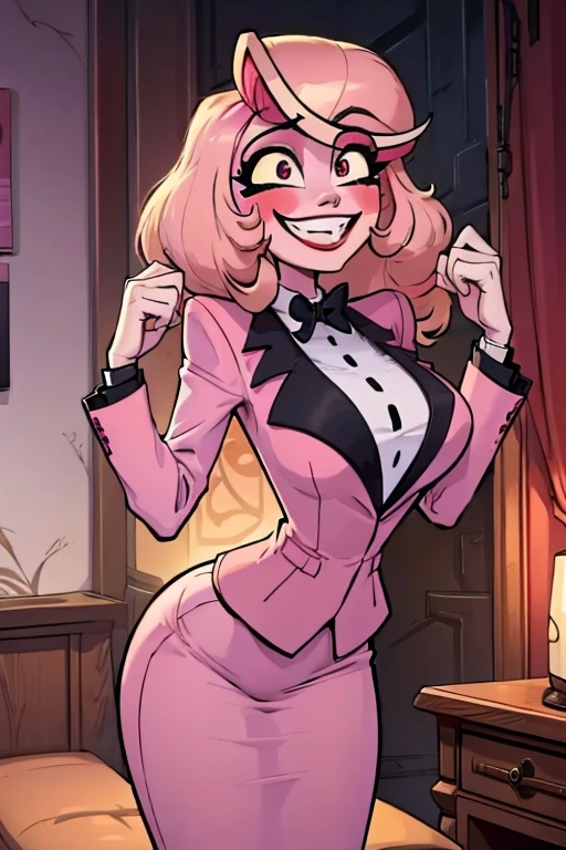 Perfect face. Perfect hand. A pink haired woman with violet eyes and an hourglass figure in a suit is smiling in a Gothic office with a big smile