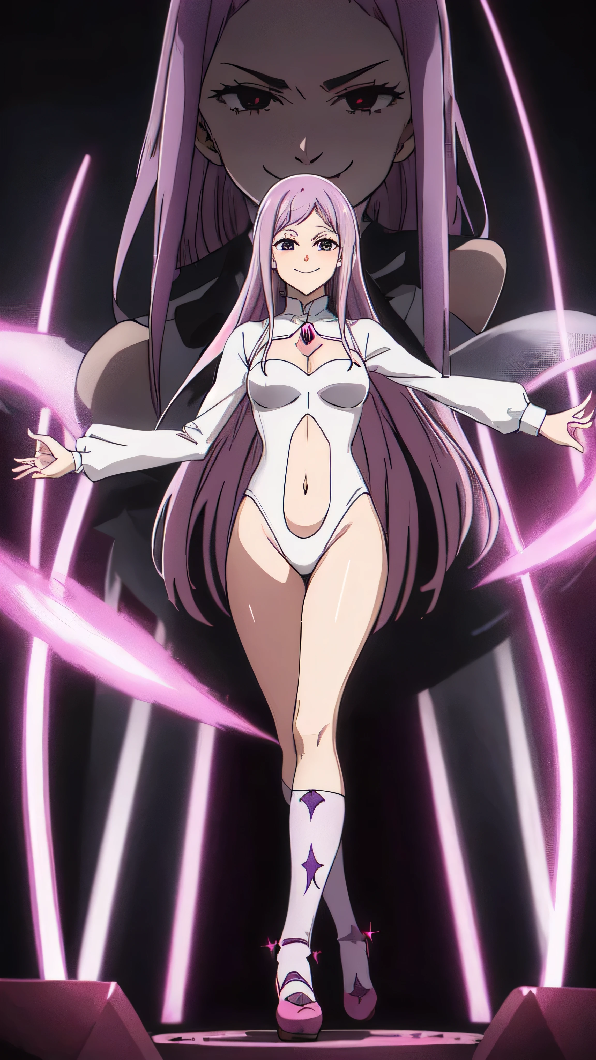 (masterpiece),(Highest quality),(Dark aura),Melascula,(anime),Hollow Eyes,length_hair,pink_hair,purple_hair,鈍い前hair,leotard,Knee socks,White bodysuit,White cloth,Medium chest,belly button,stomach,magic,,Are standing,Looking_in_Audience,two hands,Two legs,five fingers,evil background,, Wicked Smile, devilish aura (Shiny fabric:1.5),Dark world background,solo,feet,most evil Smirk,
