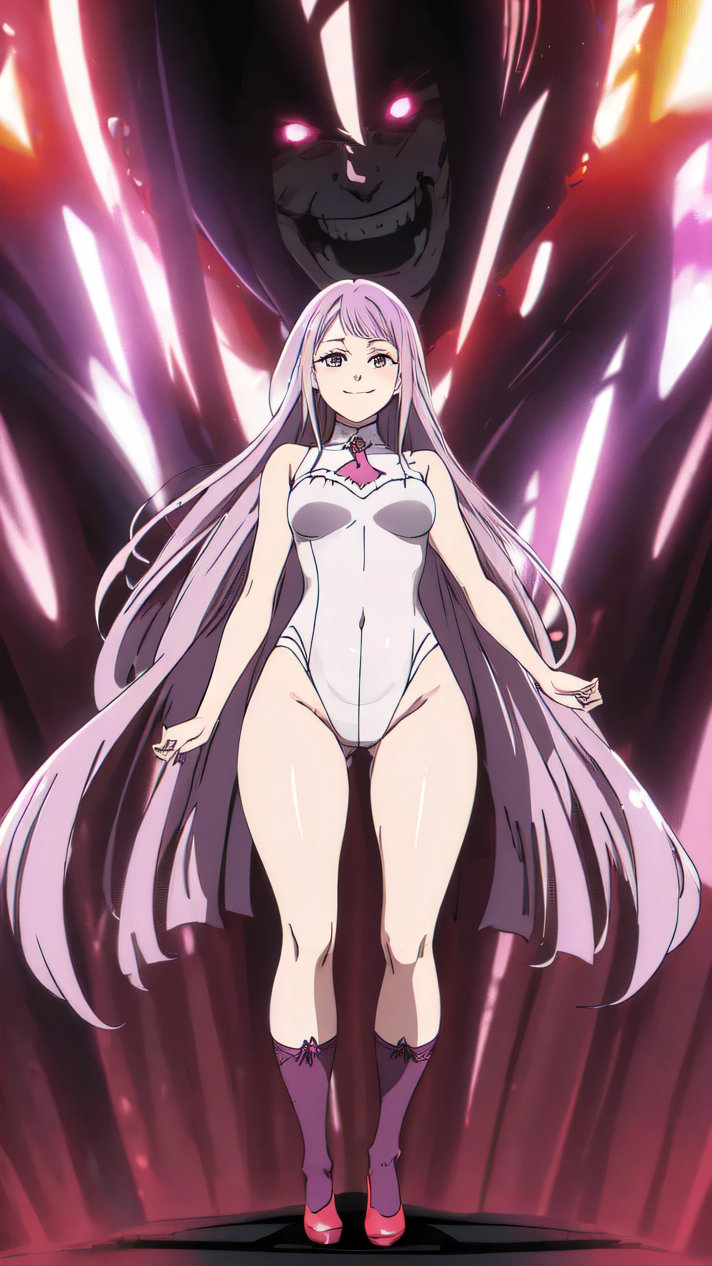 (masterpiece),(Highest quality),(Dark aura),Melascula,(anime),Hollow Eyes,length_hair,pink_hair,purple_hair,鈍い前hair,leotard,Knee socks,White bodysuit,White cloth,Medium chest,belly button,stomach,magic,,Are standing,Looking_in_Audience,two hands,Two legs,five fingers,evil background,, Wicked Smile, devilish aura (Shiny fabric:1.5),Dark world background,solo,feet,most evil Smirk,solo