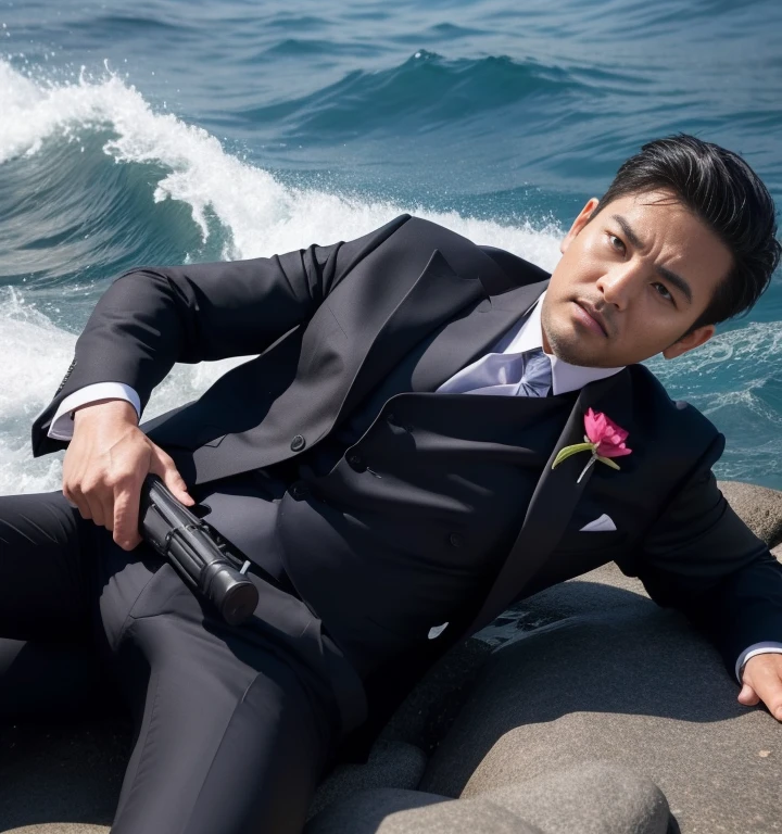 40-year-old man、Black Suit,In the sea、Lying on a rock、mafia、gun、Shooting、legs wide open、logic,Gay。The crotch area is bulging,かなり短いShort Hair、Short Hair、Stubble,Asian handsome guy。Scream、Painful face