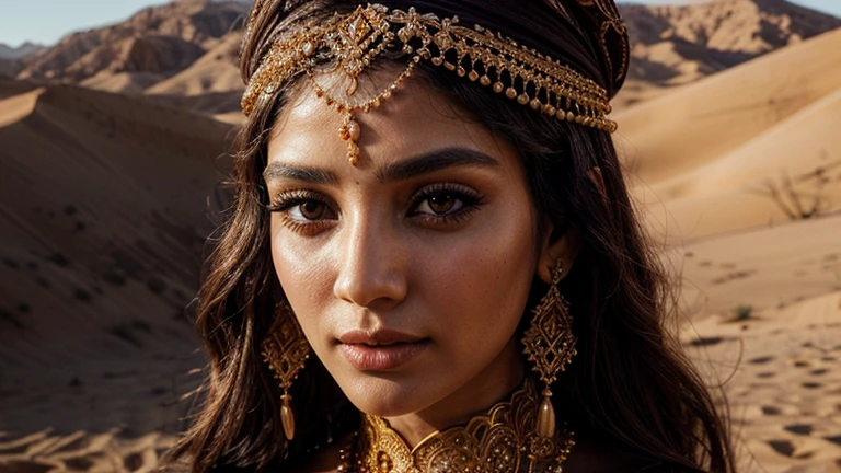 a beautiful arabic woman, detailed face, detailed eyes, long eyelashes, beautiful lips, golden jewelry, ornate headpiece, intricate embroidered clothing, flowing fabric, desert landscape, warm lighting, photorealistic, highly detailed, cinematic, dramatic