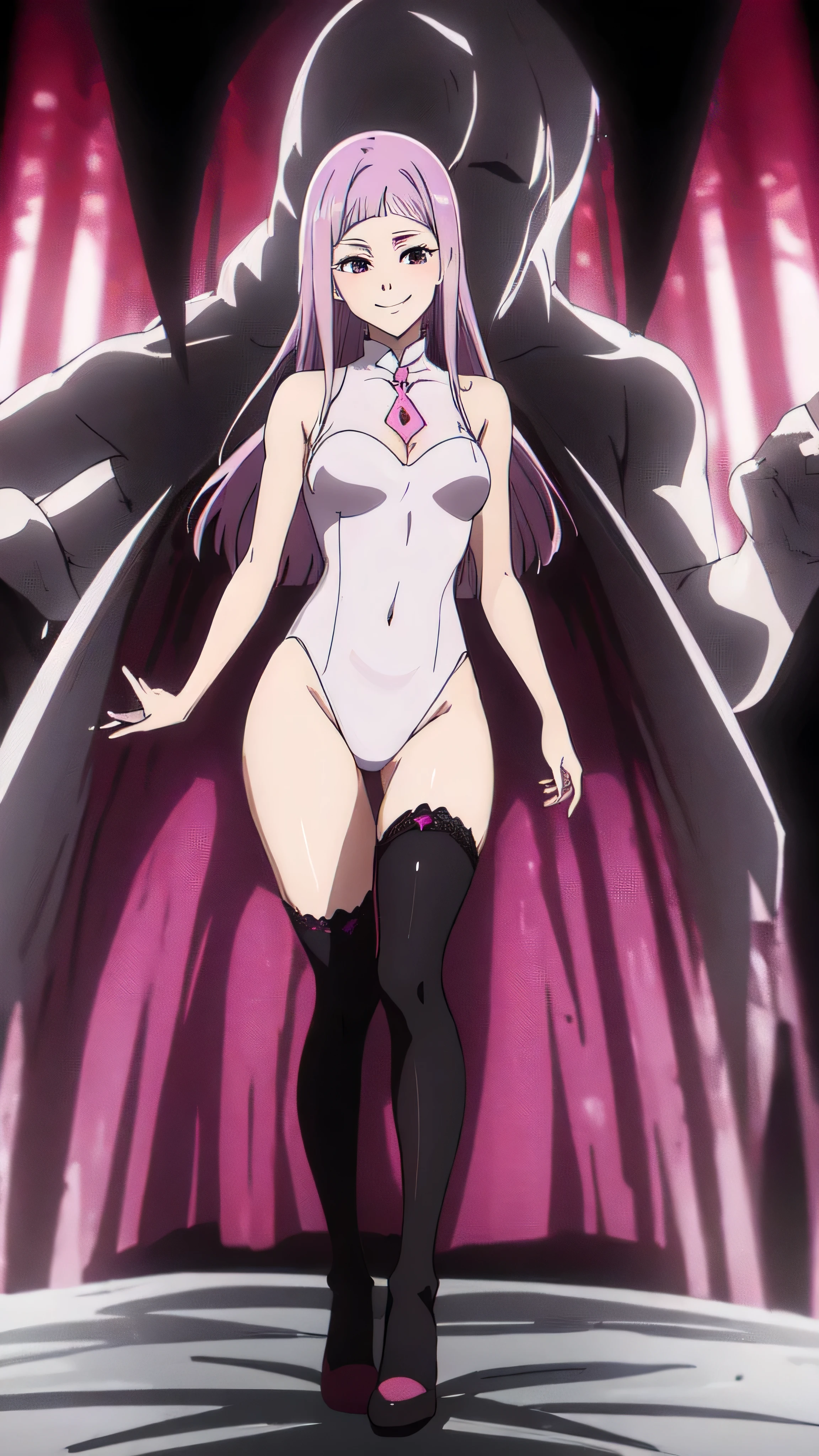 (masterpiece),(Highest quality),(Dark aura),Melascula,(anime),Hollow Eyes,length_hair,pink_hair,purple_hair,鈍い前hair,leotard,Knee socks,White bodysuit,White cloth,Medium chest,belly button,stomach,magic,,Are standing,Looking_in_Audience,two hands,Two legs,five fingers,evil background,, Wicked Smile, devilish aura (Shiny fabric:1.5),Dark world background,solo,feet,most evil Smirk,solo
