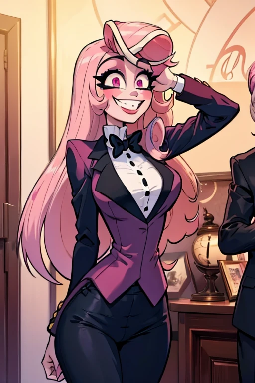 Perfect face. Perfect hand. A pink haired woman with violet eyes and an hourglass figure in a suit is smiling in a Gothic office with a big smile