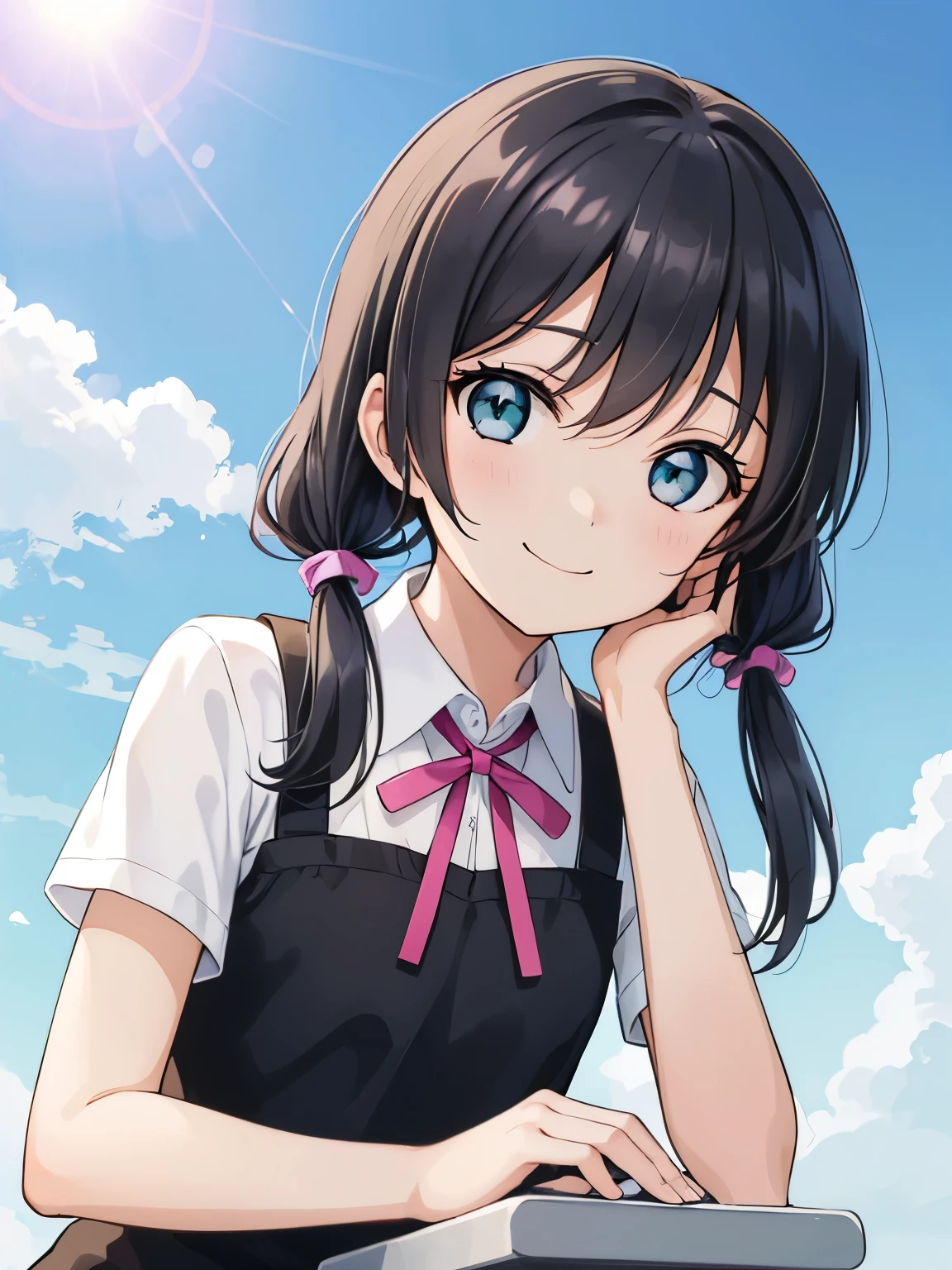 (Highest quality, Tabletop:1.2), One Girl, alone, (Upper Body:1.2),  View your viewers, Are standing, smile, sunlight, Lens flare, Light on the face, Sky Porn, blue sky, Sitting, Glow Eyes, From below, Mouth closed, 美しいblue sky,
takasaki yuu, Nijigasaki Academy uniform, Multicolored Hair, Green Eyes, Black knee socks, Twin tails, Black Hair, Short sleeve,  Summer uniform, Pink Neck Ribbon, Hair between the eyes, chest,  (Perfect hands, Perfect Anatomy), I'm smiling at you、 (Perfect hands, Perfect Anatomy),