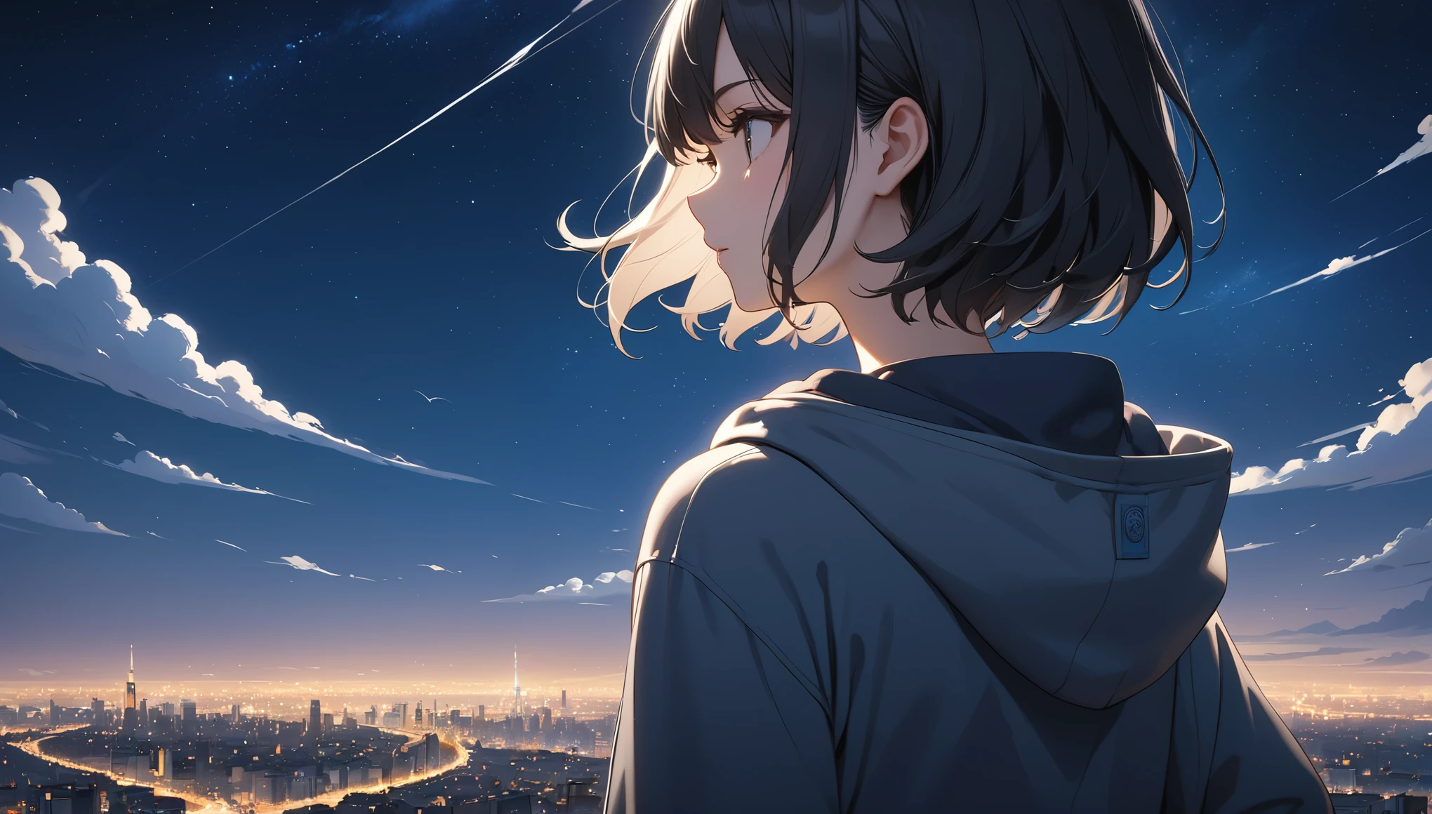 Starry Sky、One woman、Black Hair、Short Hair、Hair blowing in the wind、Wearing a hoodie、Back view、Full body portrait、Overlooking the city from afar