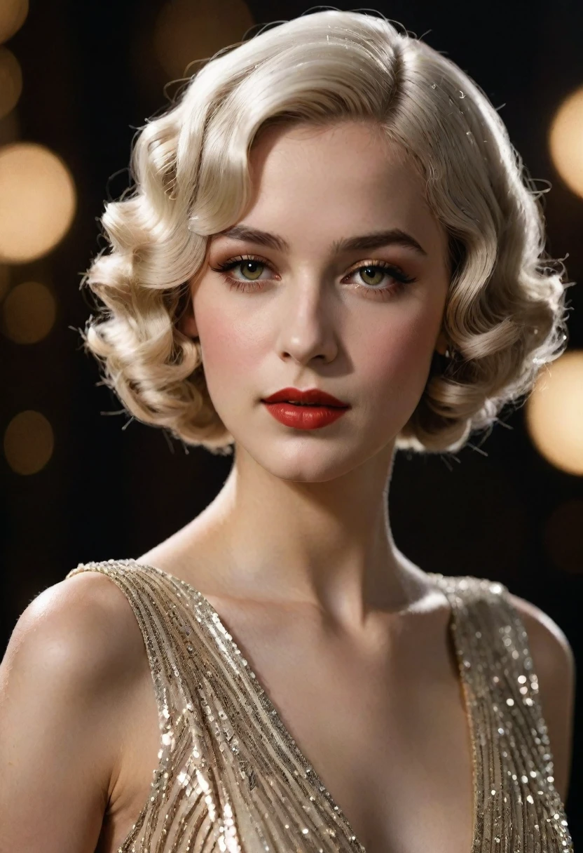girl, 20 years old, (((elegant 1920s singer))), waterwave hairstyle, vintage sequined dress, femme fatale, photorealism, highly detailed, ultra quality, cinematic lighting, realistic skin texture, (((white hair))) (feminine), ((alluring facial expression)), ((exquisitely detailed facial features)), ((perfect eyes)), 8k wallpaper, nikon, trending on Artstation, trending on CGSociety, (sensual), ((full lips)), (((slim waist))), (((wide hips))),