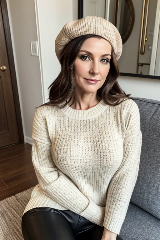 Medium view, of middle aged, 36 year old, very pale skin, mom, gilf, milf, face portrait, skinny, achne, beret, brunette hair, sweater, leather leggings, in cozy home