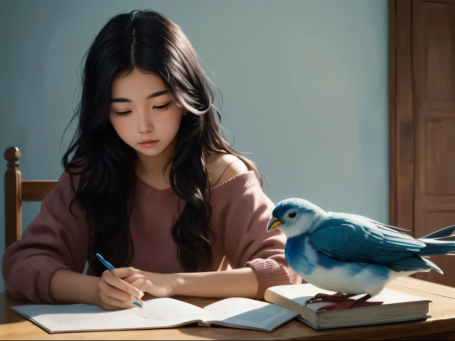 ((best quality)), ((masterpiece)), (detailed), A digital illustration of a long black haired teenage girl studying with a blue and white bird perched on her shoulder

