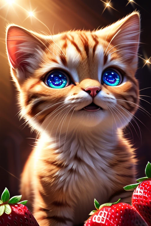 (Highest quality、masterpiece、8k))、Anatomically correct、Very detailed、High resolution、Realistic、((Beautiful, sparkling, detailed eyes))、Intricate details、((Dynamic composition))、kitten、Big head、Holding a very large strawberry、((I can&#39;t hide my joy))、very delicious、A sparkling smile