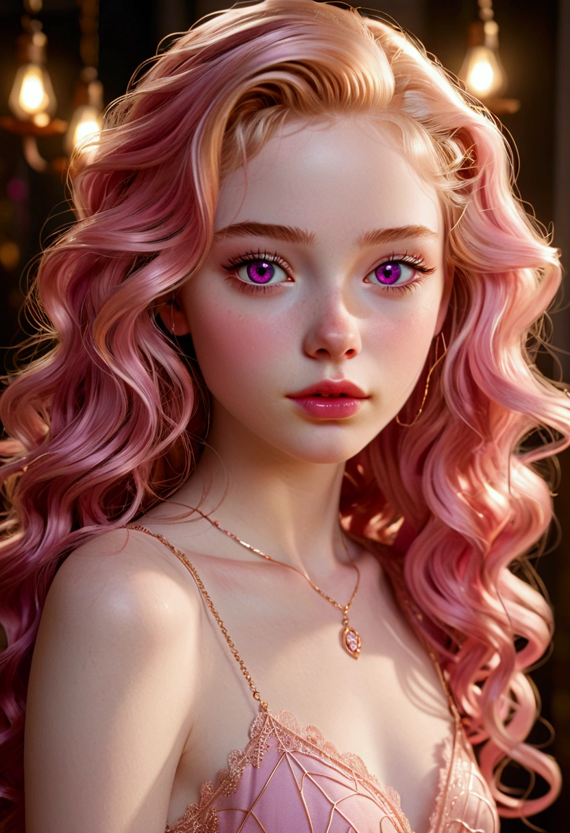 An 18 years old European girl with pale skin and long, wavy rose_gold hair. large and magenta colored eyes, full lips, with an adorable, and innocent face. She should have a happy expression, wearing a pink, gold, and rose gold colored dress, with an elegant and spider web lace theme, something that emphasizes her sweet and compassionate personality. Overall, her appearance would be striking, attracting curious looks. small chested, slender, petit, cinematic lighting, chromatic aberration, backlighting, masterpiece, high details, high quality, 4K.