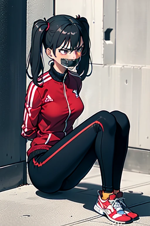 ((1 girl)), ((twin tails)), (sexy),  ((simple_background)), ((concrete floor, concrete wall)), ((underground room)), ((arms behind back)), ((scowl)), ((sitting on the knees)), ((tape gag)),  ((helpless)), ((calm)), ((struggling)), (blue tracksuit,tracksuit,tights pants, long black pants)