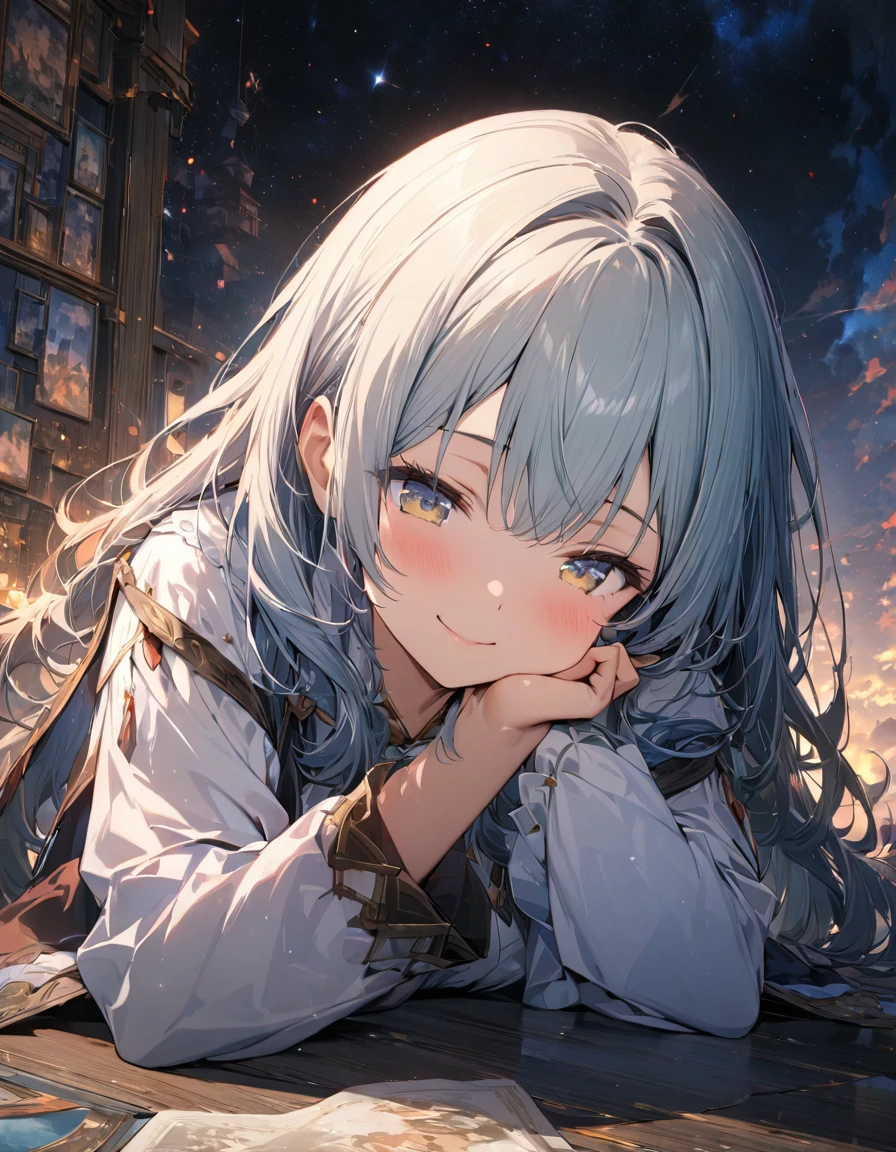 Highest quality,masterpiece,Very detailed, finely, High resolution, 8k wallpaper, finelyて美しい目,Cheek resting pose, She rests her chin on her hand, wearing her sleeves, and smiles gently. Looking down or up makes her look even cuter.