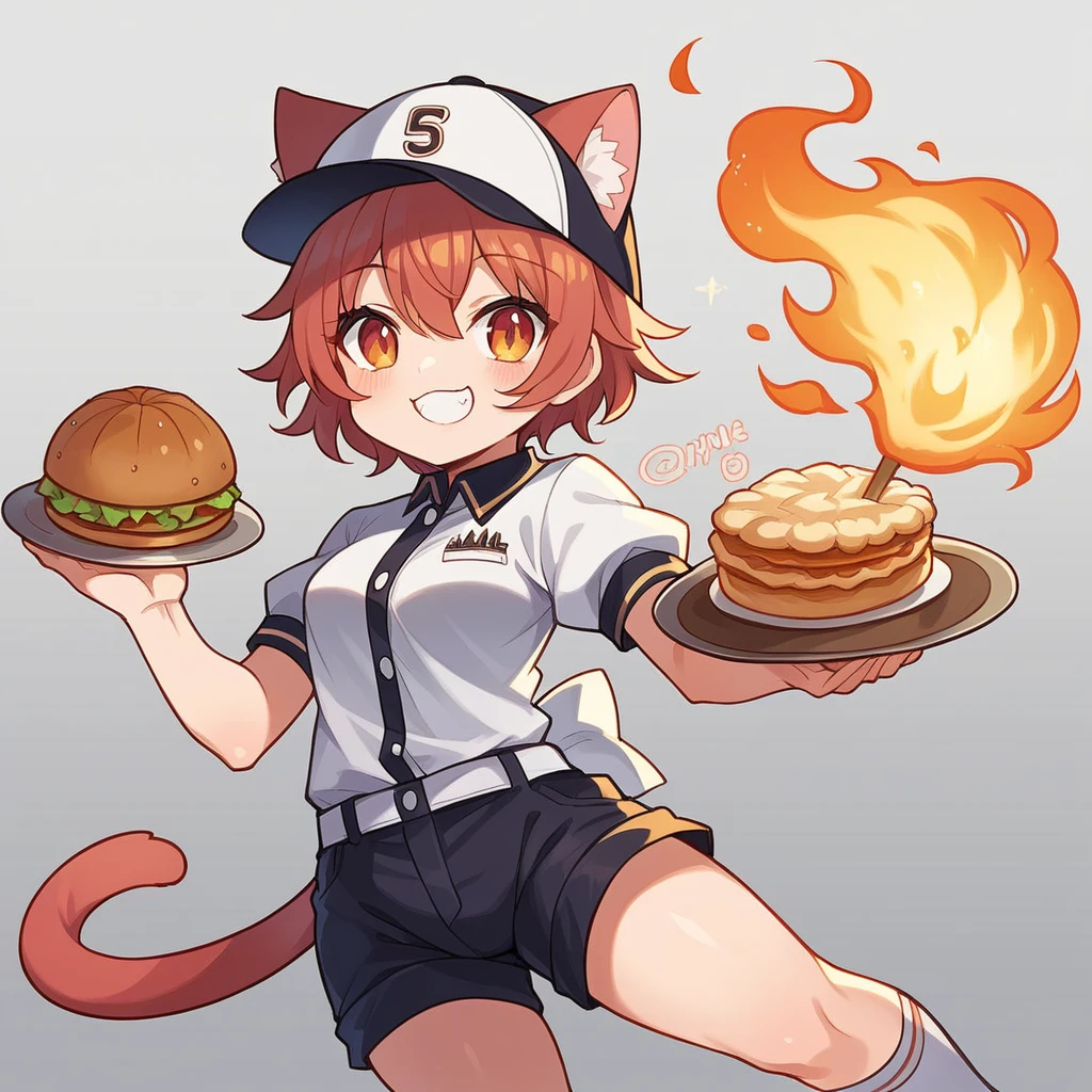 source_anime, score_9, score_8_up, BREAK a chibi 1girl on a server on fire, cat ears, baseball hat, shirt, shorts, smile
