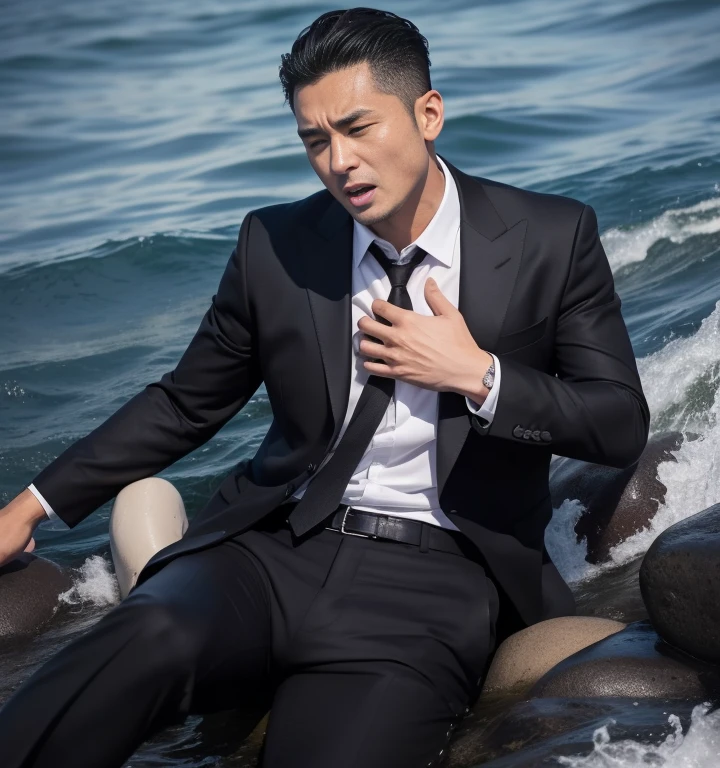 40-year-old man、Black Suit,In the sea、Lying on a rock、mafia、gun、Shooting、With her legs wide open、logic,Gay。The crotch area is bulging,Very short hair、Short-haired allback、Stubble,Asian handsome guy。Scream、Painful face