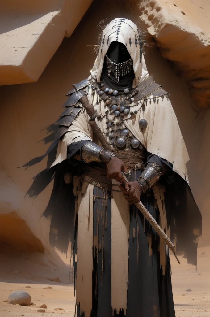 a person in the desert, wearing tattered robes, has a veiled mask that completely conceals face, wears a metal amigasa style Japanese hat, has torn and tattered robes underneath scrappy leather armor, tattered shoulder cape similar to a simar, cloth wrap bracers around forearms, metal quarterstaff, lone wanderer