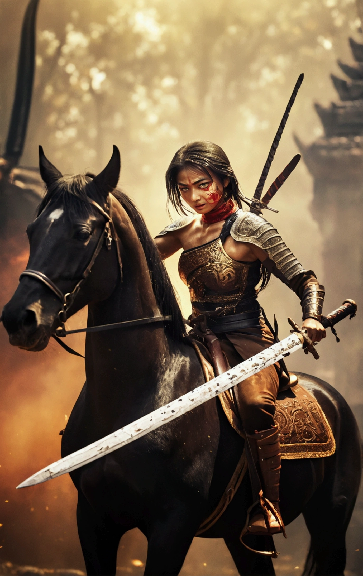 Vertical image, Thai female general with black hair, brown eyes, Has a tattoo of amulets and characters on his arm., She wore dark black armor., Holding a sword in a scabbard with an exquisite Thai pattern., She is on a black horse., (There was an army in black riding on black horses behind her.), (The background is an ancient ruin and smoke.), There is a flock of crows in the sky., (The mood of the picture is full of strength and fierceness.)