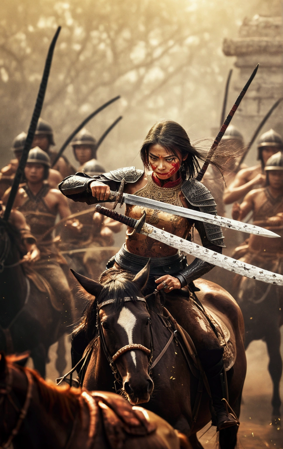 Vertical image, Thai female general with black hair, brown eyes, Has a tattoo of amulets and characters on his arm., She wore dark black armor., Holding a sword in a scabbard with an exquisite Thai pattern., She is on a black horse., (There was an army in black riding on black horses behind her.), (The background is an ancient ruin and smoke.), There is a flock of crows in the sky., (The mood of the picture is full of strength and fierceness.)
