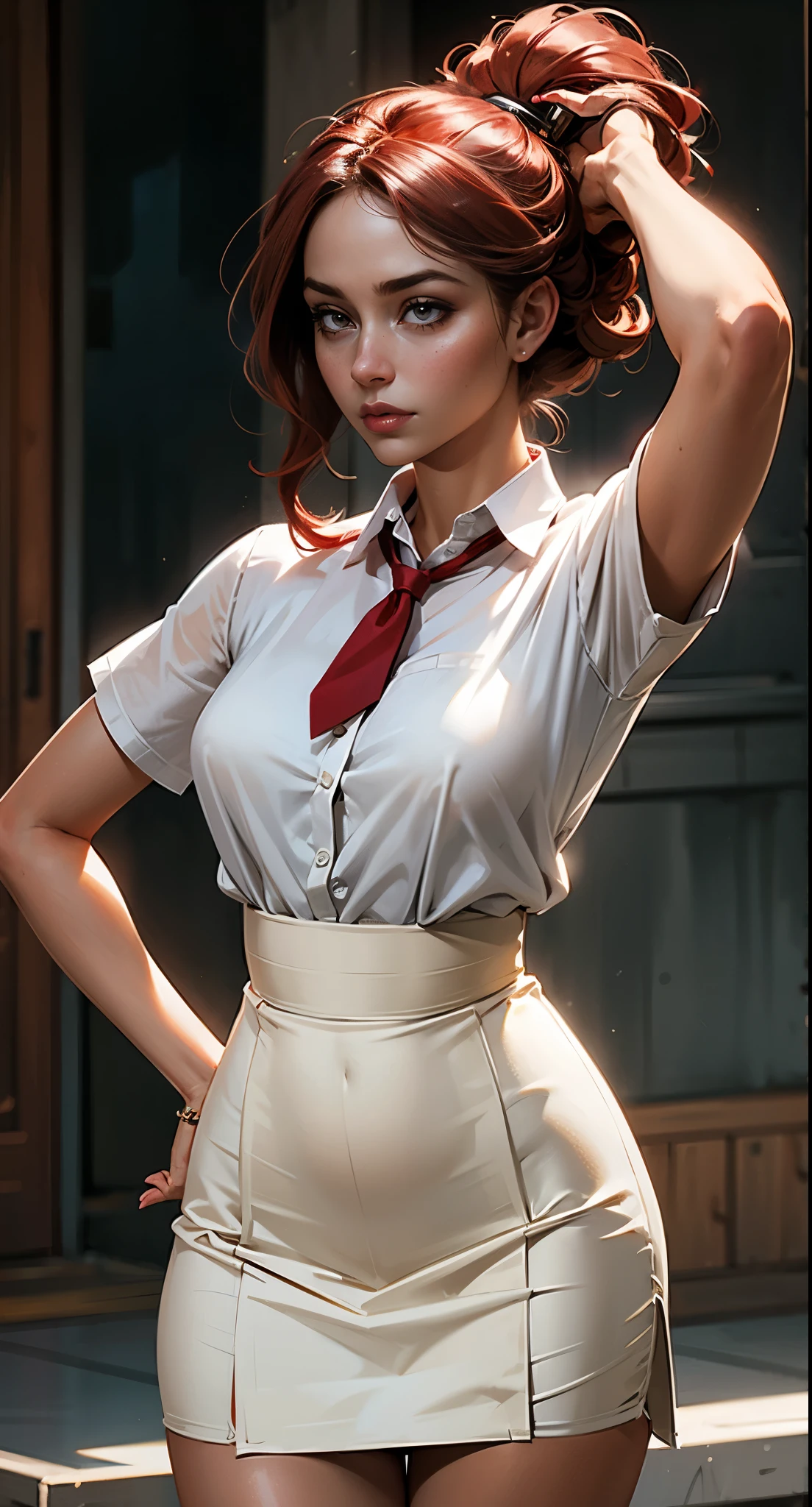 fantasy, a girl in a white shirt, a red fitted skirt, her hair is disheveled, her look is confident
