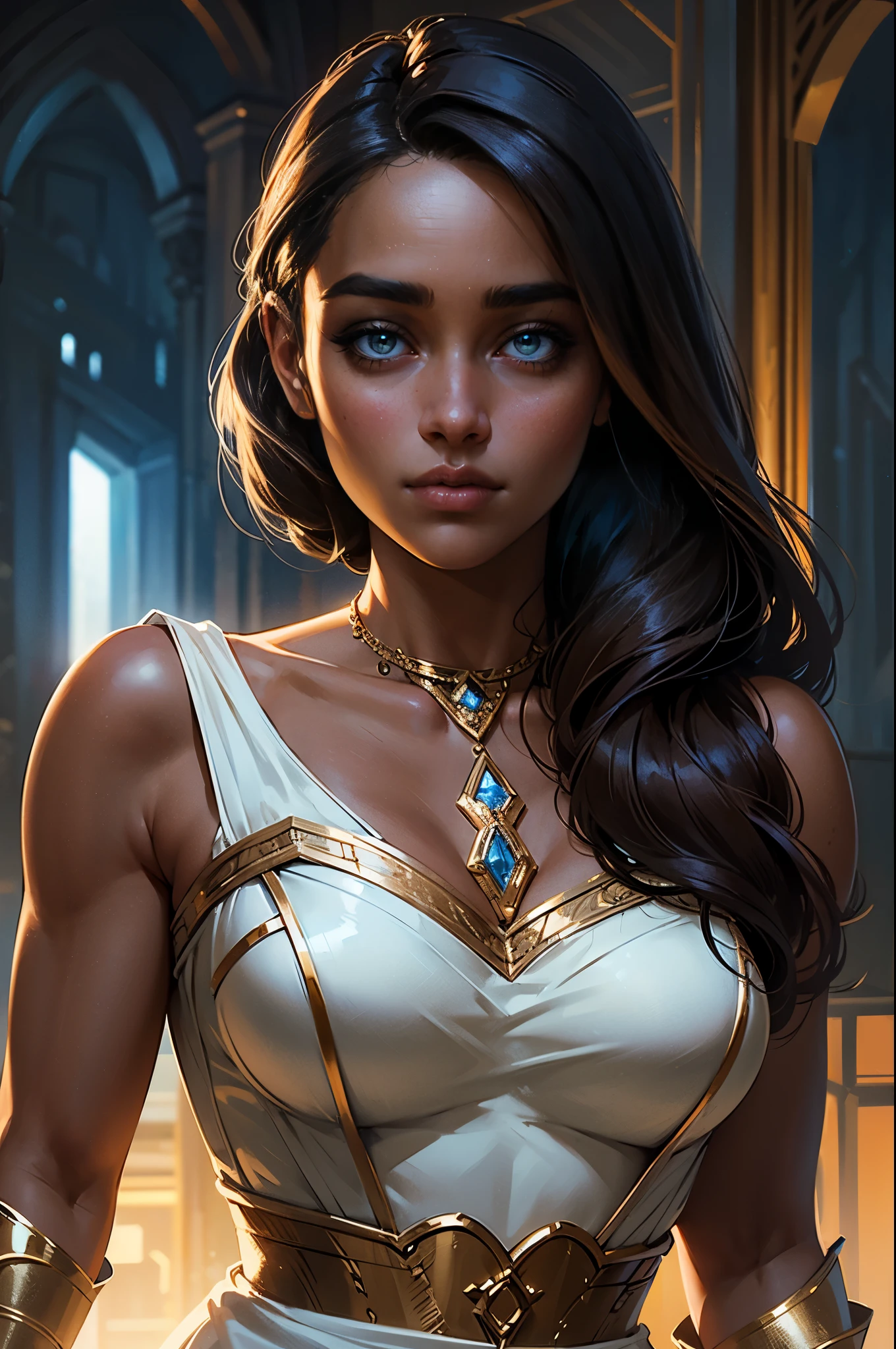 Neon, gold, blue, fantasy, waist-high, girl, young, teenager, cute face, with long brown hair, dark skin, in a light open white dress with a low neckline on the chest, with diamonds on the fabric, off the shoulders, gorgeous, face looks like Emilia Clarke, 8K, HD