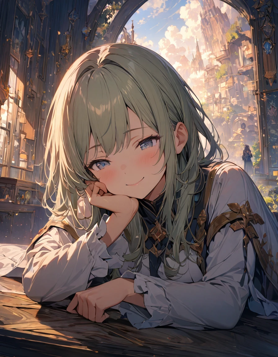 Highest quality,masterpiece,Very detailed, finely, High resolution, 8k wallpaper, finelyて美しい目,Cheek resting pose, She rests her chin on her hand, wearing her sleeves, and smiles gently. Looking down or up makes her look even cuter.