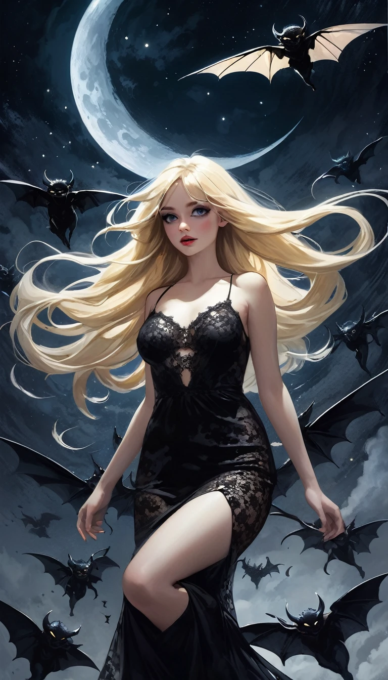 Sexy blonde long hair demon girl next to funny little flying demons, tight sexy black lace dress, magic, fantastic, night sky, moon, stars, background, eroticism, sexy, black and white image, shadows, painting oil, chiaroscuro, sensual, dramatic lighting, moody atmosphere, photorealistic, intricate details, masterpiece, ultra detailed, high quality, 8k, best quality, realistic, cinematic, dark and brooding composition, expressionistic and powerful, emotional impact, art inspired by Bill Sienkiewicz.