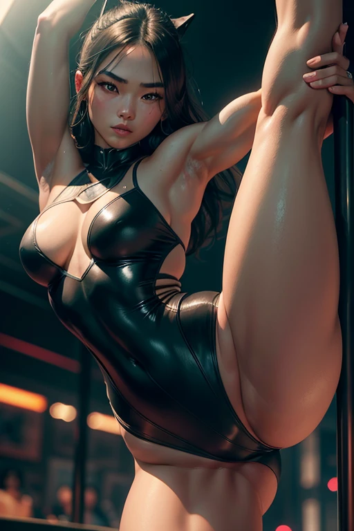 a muscular age mongolian girl wearing a tight leotard, pole dancing in a strip club, 1:3 hip to leg ratio, beautiful detailed eyes, beautiful detailed lips, extremely detailed eyes and face, long eyelashes, detailed skin texture, medium breasts, dynamic pose, dramatic lighting, cinematic composition, muted color palette, warm lighting, photorealistic, 8k, best quality, masterpiece