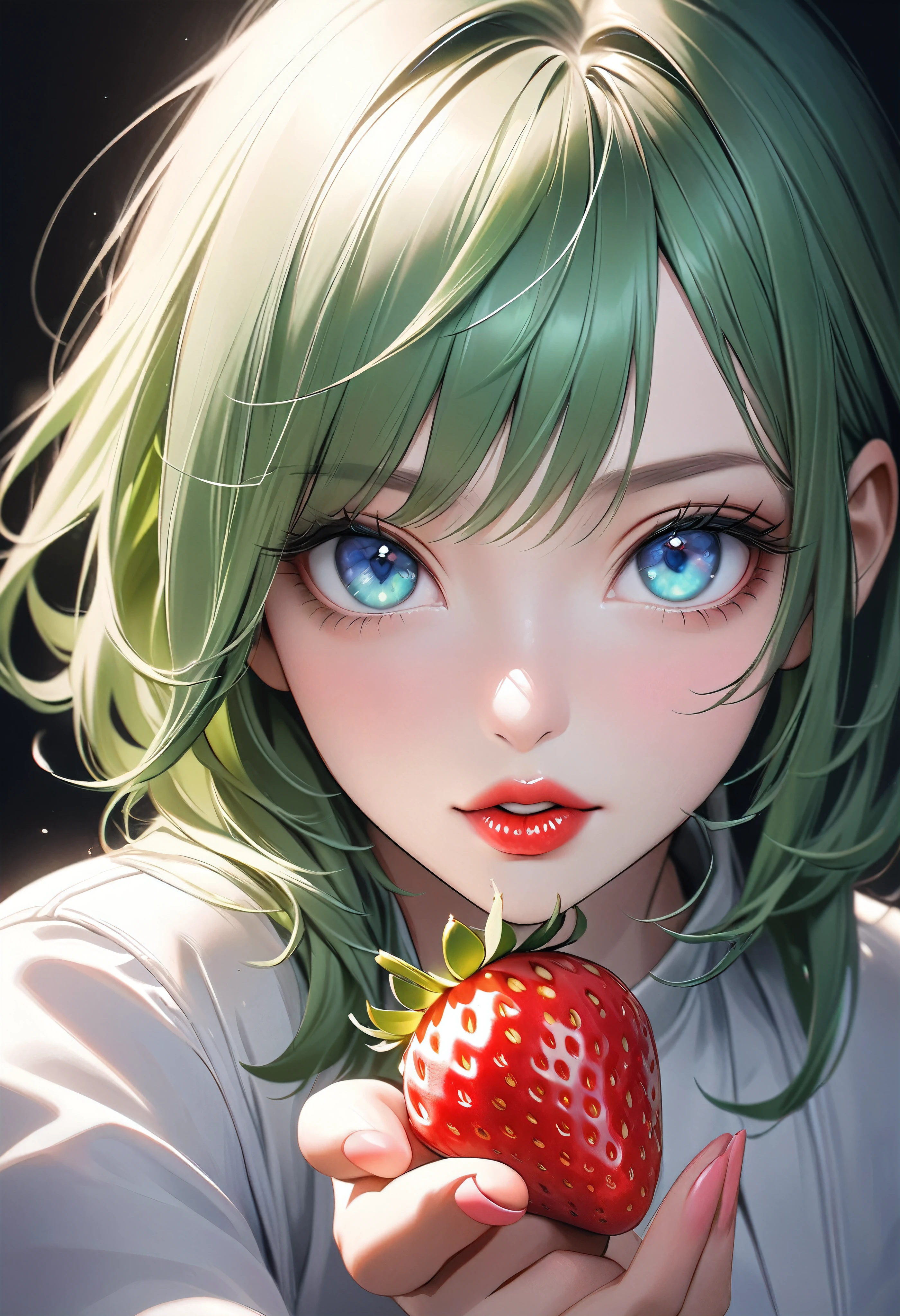 Ultra-realism, Attractive woman, Green Hair, Staring, Clear blue eyes, Seductive lips, A single strawberry in my hand, Looks extremely delicious, Feed me, Approaching the viewer, Adding appeal that makes people want to eat,dramatic, Dark background without strawberries, yes、a~yeah❤,