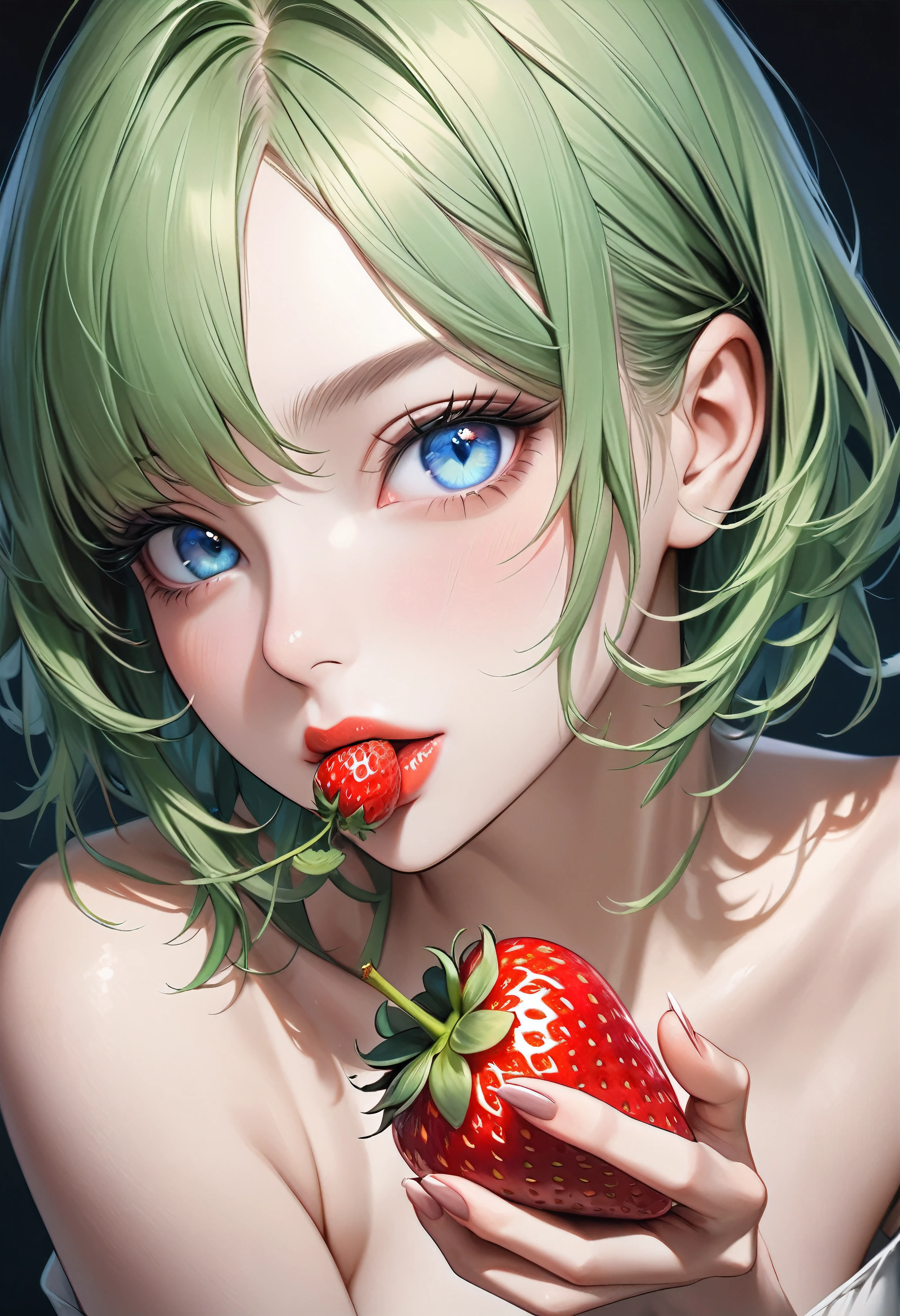 Ultra-realism, Attractive woman, Green Hair, Staring, Clear blue eyes, Seductive lips, A single strawberry in my hand, Looks extremely delicious, Feed me, Approaching the viewer, Adding appeal that makes people want to eat,dramatic, Anatomically correct, Dark background without strawberries, yes、a~yeah❤,