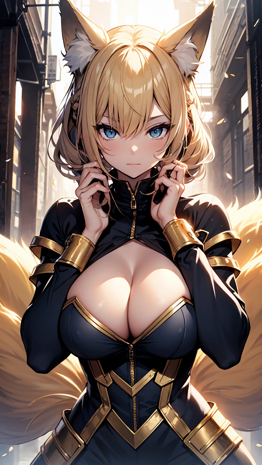 A drawing of a kitsunequeen with long blonde hairs that hide her ears she is wearing golden armor, purpulish blue eyes, french braid, hime cut, animal ears,european face, fox ears,"long orange fox ears with black tips", covering ears, kemonomimi mode,tail emanating(9 tails fox),huge tits, large hips,fully clothed, all skin covered by golden armor, "golden armor", beautifull, beautifull hands,textured hands, bioluminescent,beautifull scenery, draw by WLOP and Naoko Takeuchi in manga style