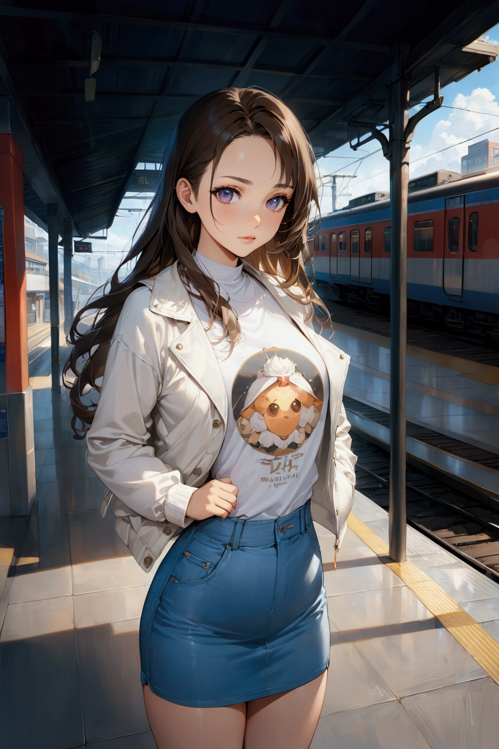 realistic anime illustration of beautiful young woman is standing at train station 's platform, train on background, , she has black wavy long hair (+forehead), wearing white long sleeves jacket outer, white t-shirt, light-blue denim tube skirt white brown, and white sandals, (1girl, solo,full body), (masterpiece, best quality, japanese anime style), without watermark