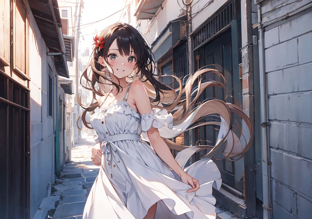Realistic photos, Focus distance 10mm, Red and white, Beautiful girl, Realistic photos, Shooting at focus distance 10mm, masterpiece, 最high quality, high quality, Very detailed CG 8k wallpaper unit, Award-winning photography, Depth of written boundary, High resolution, bloom, chromatic aberration, Realistic, Very detailed, Art Station Trends, CGsociety Trends, Complex, High detail, dramatic, Art on the go, volumetric lighting, A beautiful girl walking down the streets of Santorini : A beautiful girl in a beautiful white sundress walks down the narrow alleys of Santorini, lined with blue and white buildings. Her hair is blowing lightly in the wind, and her smile is bright