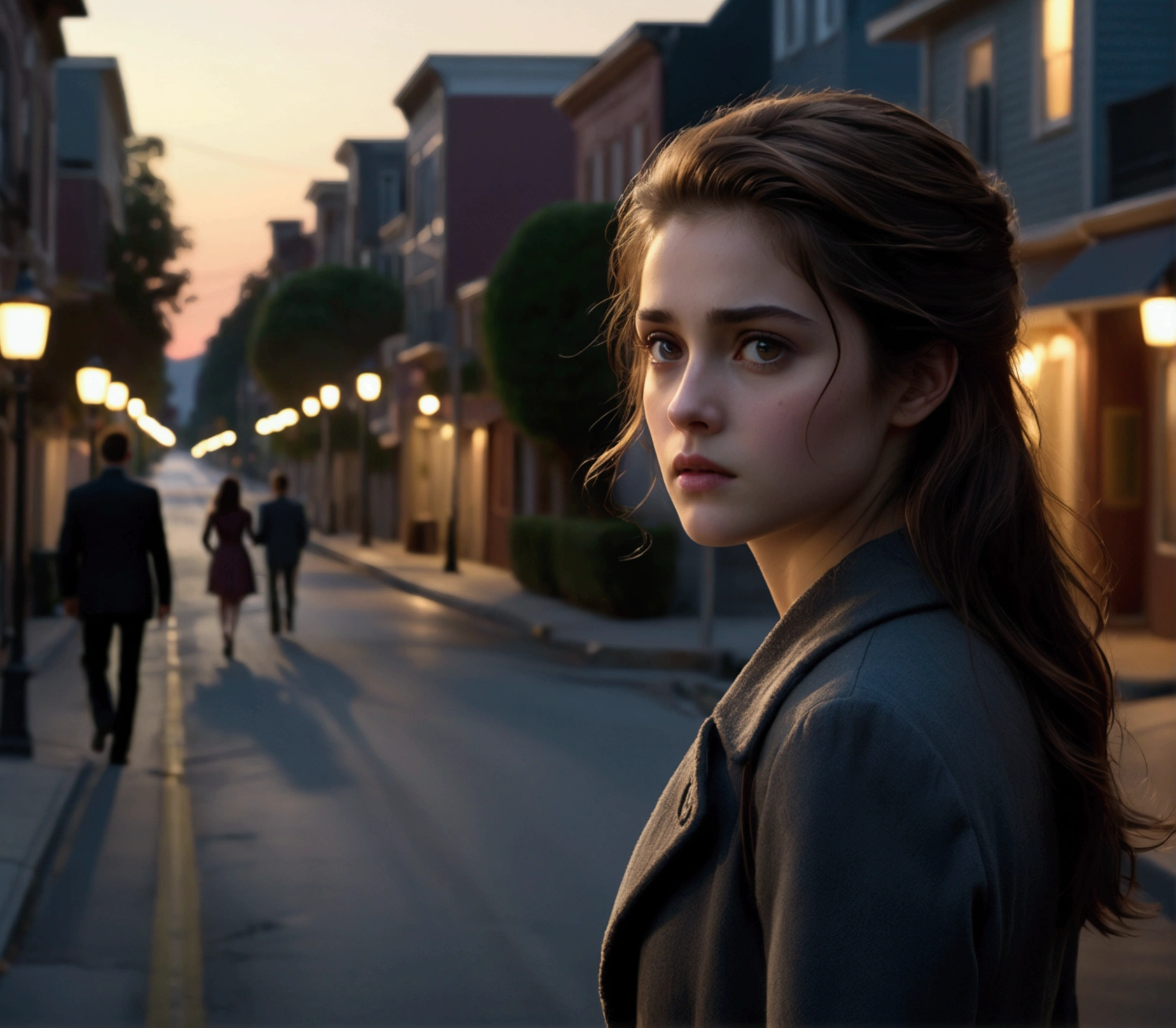 Cinematic realistic photograph of Isabel walking quickly down a street, tense atmosphere, Isabel looking back over her shoulder, the mysterious man in the distance watching her, twilight setting with streetlights just turning on, --ar 16:9 --v 5
