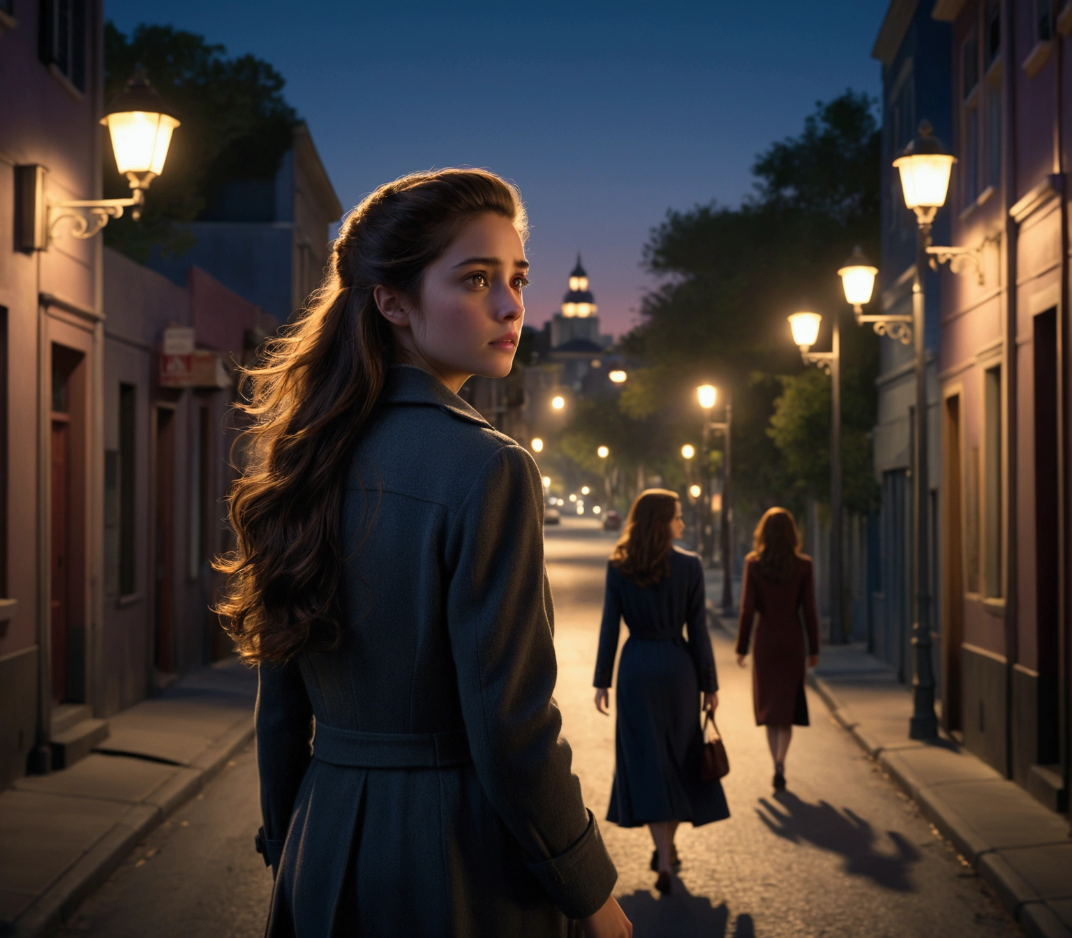 Cinematic realistic photograph of Isabel walking quickly down a street, tense atmosphere, Isabel looking back over her shoulder, the mysterious man in the distance watching her, twilight setting with streetlights just turning on, --ar 16:9 --v 5
