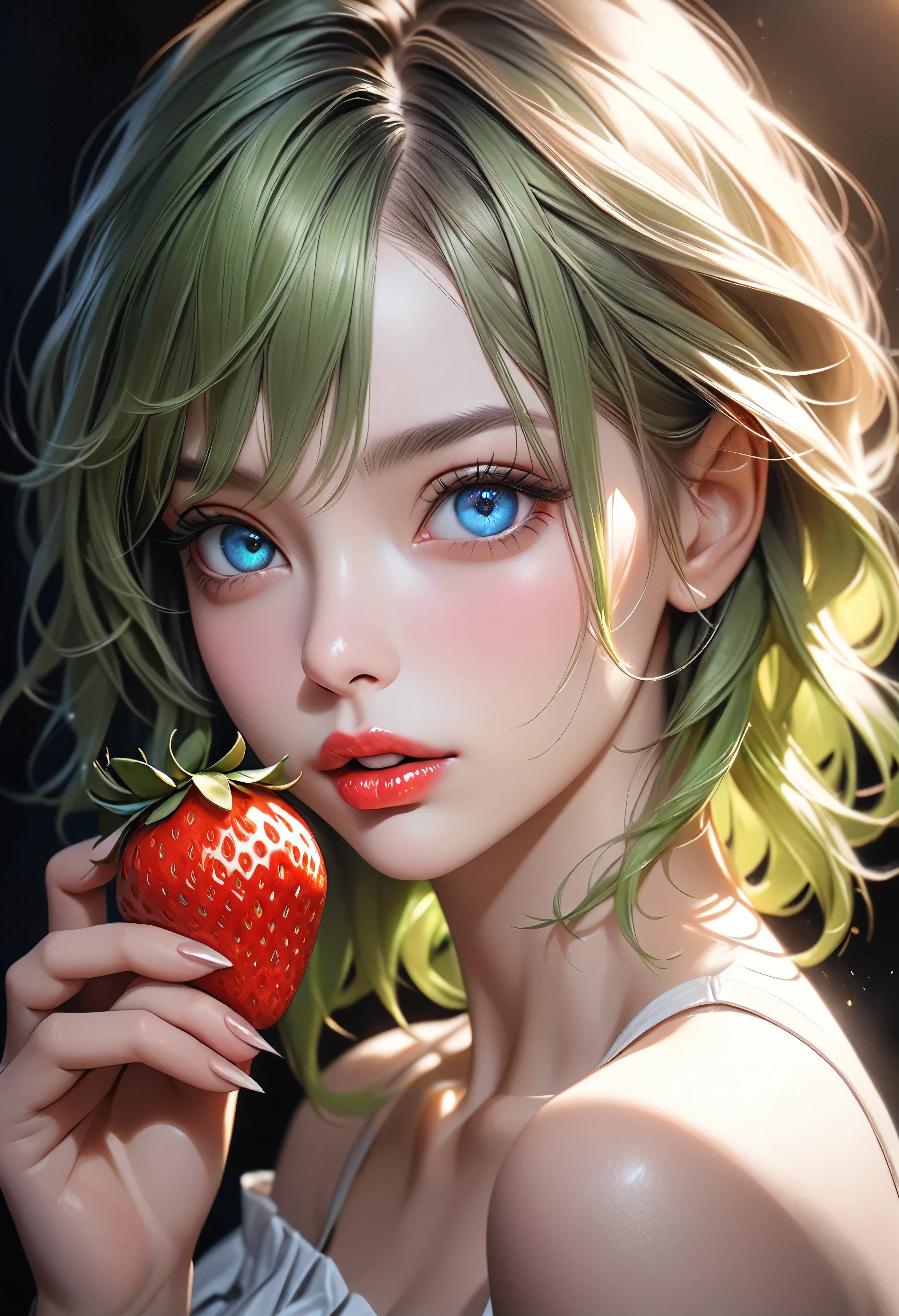 a beautiful woman with green hair, looking directly at the viewer, with striking blue eyes and alluring lips, holding a single strawberry that looks utterly delicious, the viewer drawn in, the strawberry's appeal made irresistible, dramatic, anatomically correct, dark background without strawberries, "open your mouth, ahhh❤", (best quality,4k,8k,highres,masterpiece:1.2),ultra-detailed,(realistic,photorealistic,photo-realistic:1.37),extremely detailed eyes and face,longeyelashes,beautiful detailed eyes,beautiful detailed lips,1girl,oil painting,dramatic lighting,vibrant colors,sensual