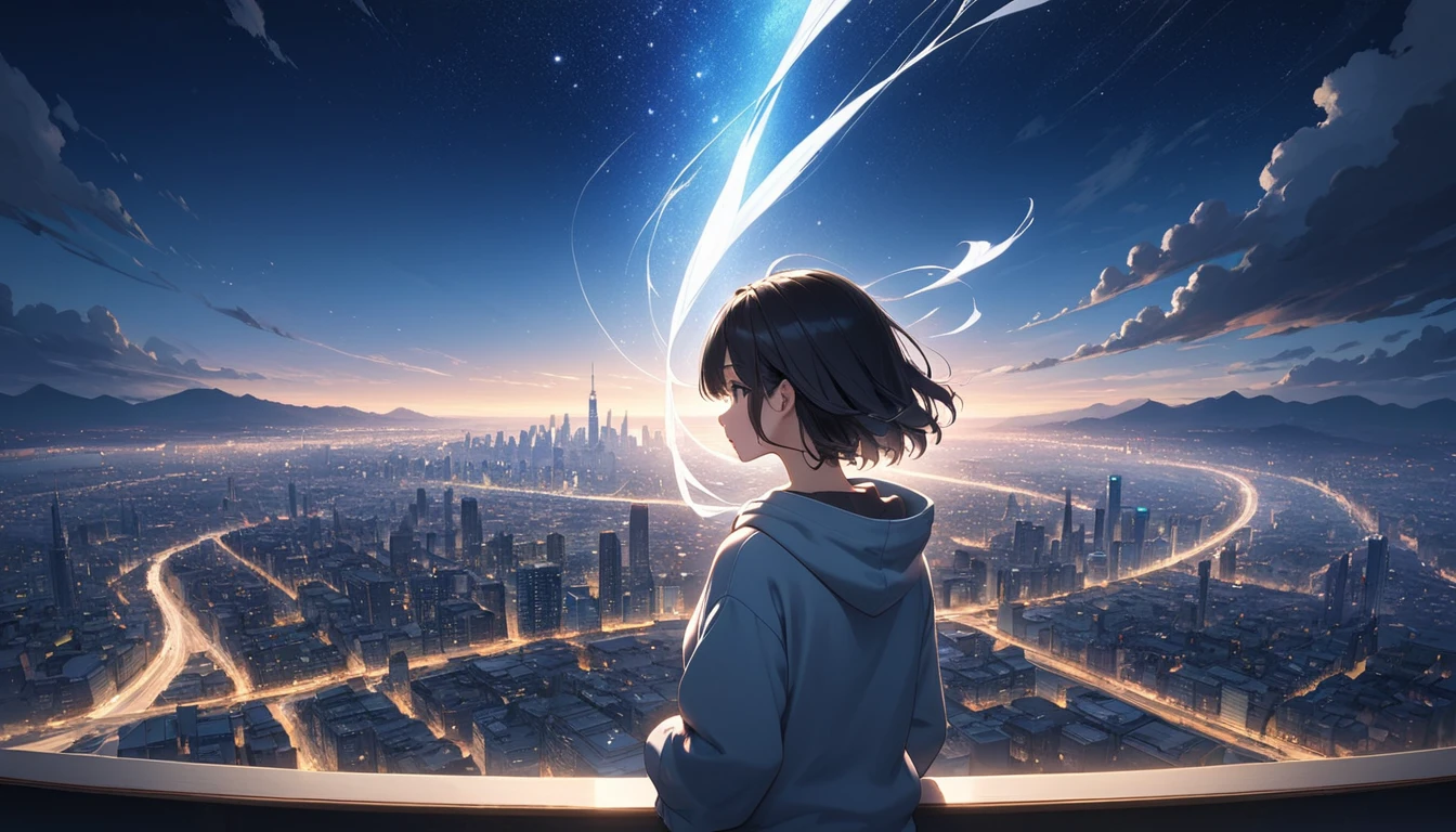 Starry Sky、One woman、Black Hair、Short Hair、Hair blowing in the wind、Wearing a hoodie、Back view、Full body portrait、Overlooking the city from afar