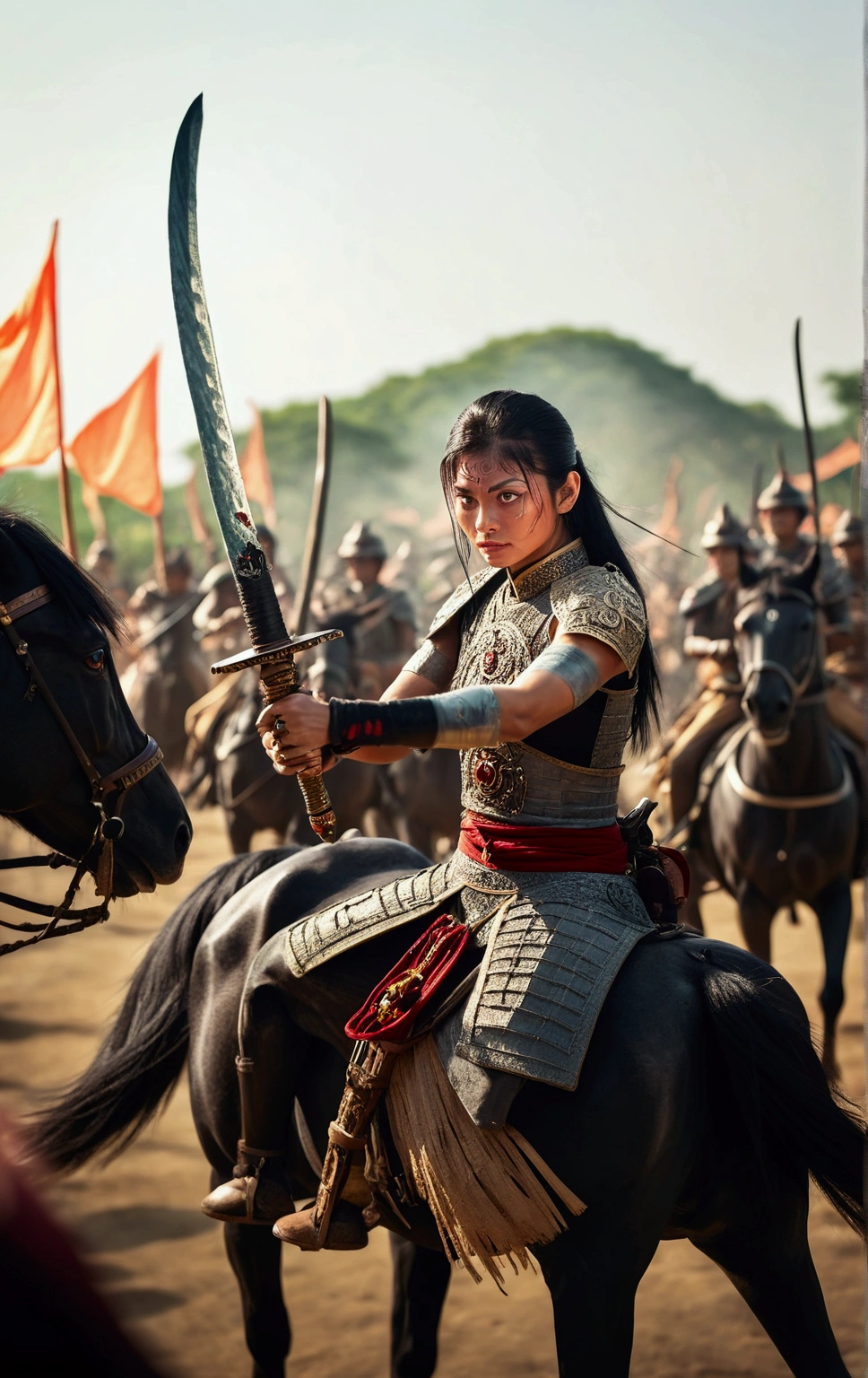 Vertical image, Thai female general with black hair, brown eyes, Beautiful face, elegant, strong, Has a tattoo of amulets and characters on his arm., She wore dark black armor., Carrying a Thai sword, the handle has an exquisite Thai pattern., She is on a black horse., (There was an army in black riding on black horses behind her.), (The background is an ancient ruin and smoke.), There is a flock of crows in the sky., (The mood of the picture is full of strength and fierceness.)