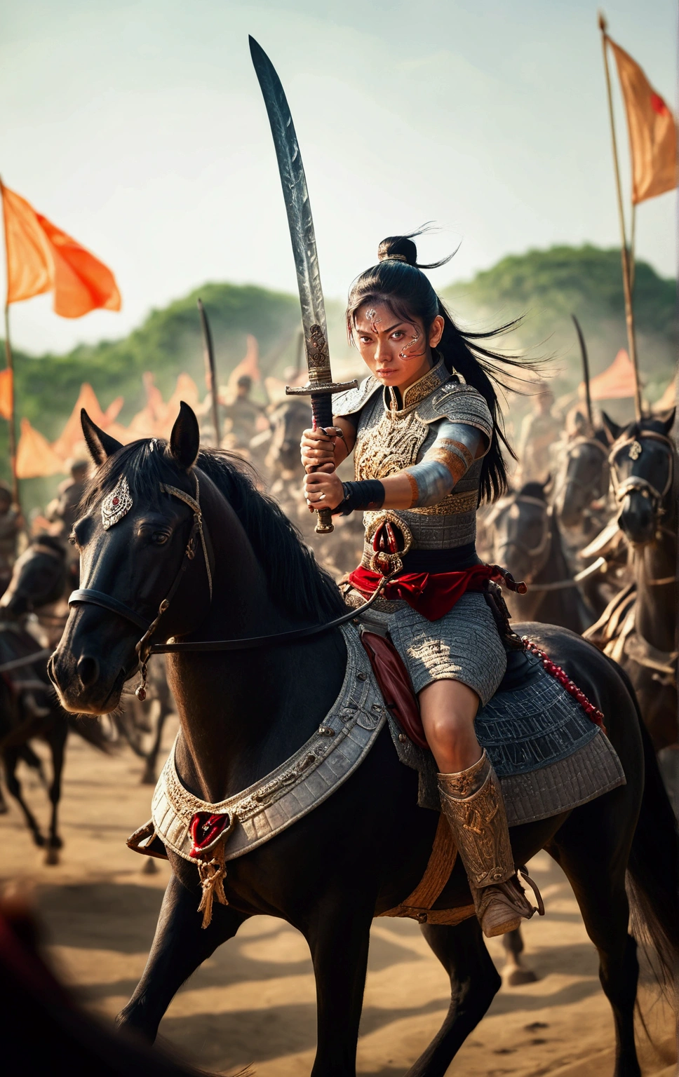 Vertical image, Thai female general with black hair, brown eyes, Beautiful face, elegant, strong, Has a tattoo of amulets and characters on his arm., She wore dark black armor., Carrying a Thai sword, the handle has an exquisite Thai pattern., She is on a black horse., (There was an army in black riding on black horses behind her.), (The background is an ancient ruin and smoke.), There is a flock of crows in the sky., (The mood of the picture is full of strength and fierceness.)