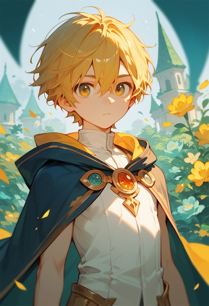 (Score_9,Score_8_up,Score_7_up), masterpiece, anime, cute young boy, wizard, upper half portrait, solo, short hair, hair_between_eyes, complex background, yellow hair, cowboy shot