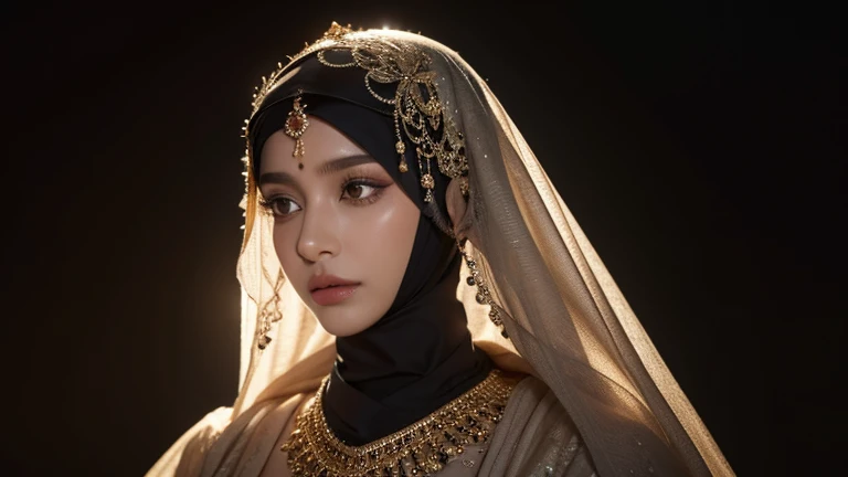 A beautiful Arabic hijab woman, detailed face, high quality, photorealistic, cinematic lighting, dramatic lighting, dark background, intricate jewelry, elegant dress, graceful pose, serene expression, delicate features, long eyelashes, full lips, mesmerizing gaze, ornate headpiece, cascading hair, shimmering fabric, mysterious atmosphere, chiaroscuro lighting, moody tones, deep shadows, dramatic contrast