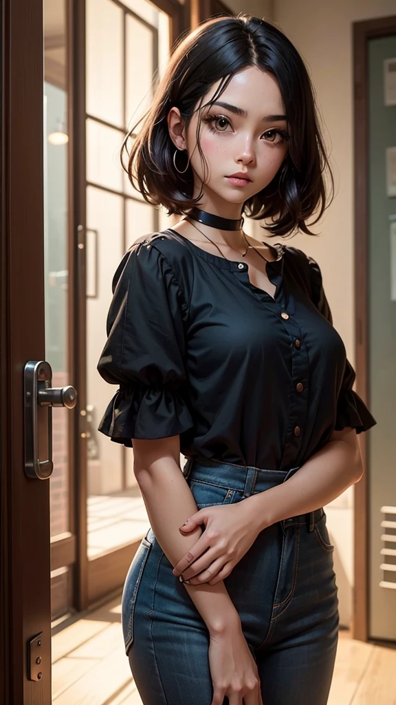 beautiful anime girl, Girl sideways, girl looking to the side, beautiful hair, pretty haircut, stands sideways in full growth, длинные beautiful hair, long black hair