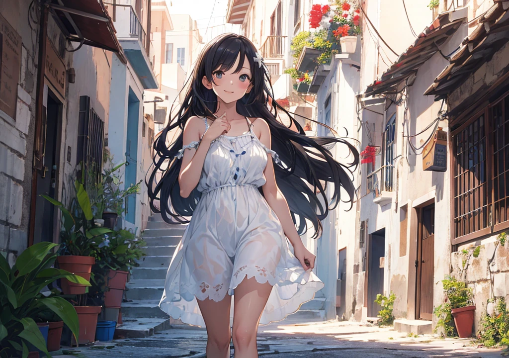 (masterpiece), Highest quality, One girl, 8-year-old, Cute girl, Flat Chest, Black Hair, Very long hair, View your viewers,
She wears a dress, White Dress, Sundress, Summer Dresses, See-through lace dress, micro short dress, micro mini dress, clothes without collar, She doesn't wear underwear, Not wearing a bra, Not wearing panties, Nipples sticking out of dress, (Erect nipples proclaiming their presence beneath the fabric), The material of her clothes is very thin、The body is clearly visible, Exposing shoulders, The clavicle is visible, Not wearing a jacket, She is wearing a sleeveless dress, Her dress is so small that her crotch is visible., The hem of the clothes is above the crotch、I can see your pussy, (Share:1.5), The length of the dress only reaches down to the waist, Not wearing a skirt, She has no pubic hair,
She stands with her legs spread, Open your knees, Very shy, Wearing a straw hat,
Behind the building, Leaning against a wall, There is a passerby behind her, blush, alley,