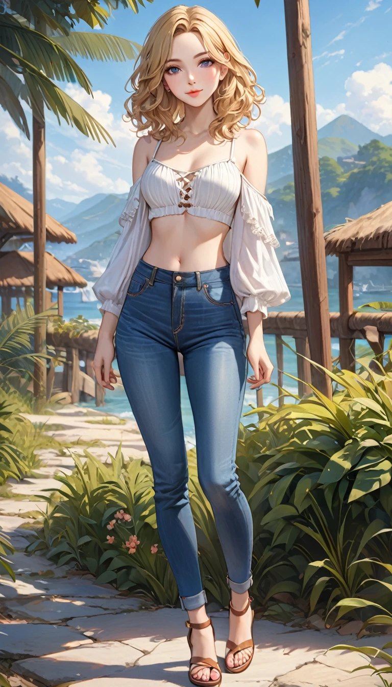 ((best quality, masterpiece:1.3, 8K)), (detailed), highly detailed face and skin texture, detailed eyes, full body, outdoor, (slender body:1.1), 1girl, (solo), (18+ years old), white skin, bright lips, seductive smile, medium hair, forehead, blonde hair, wavy hair, boho outfit, medium breast, (jeans pants), 