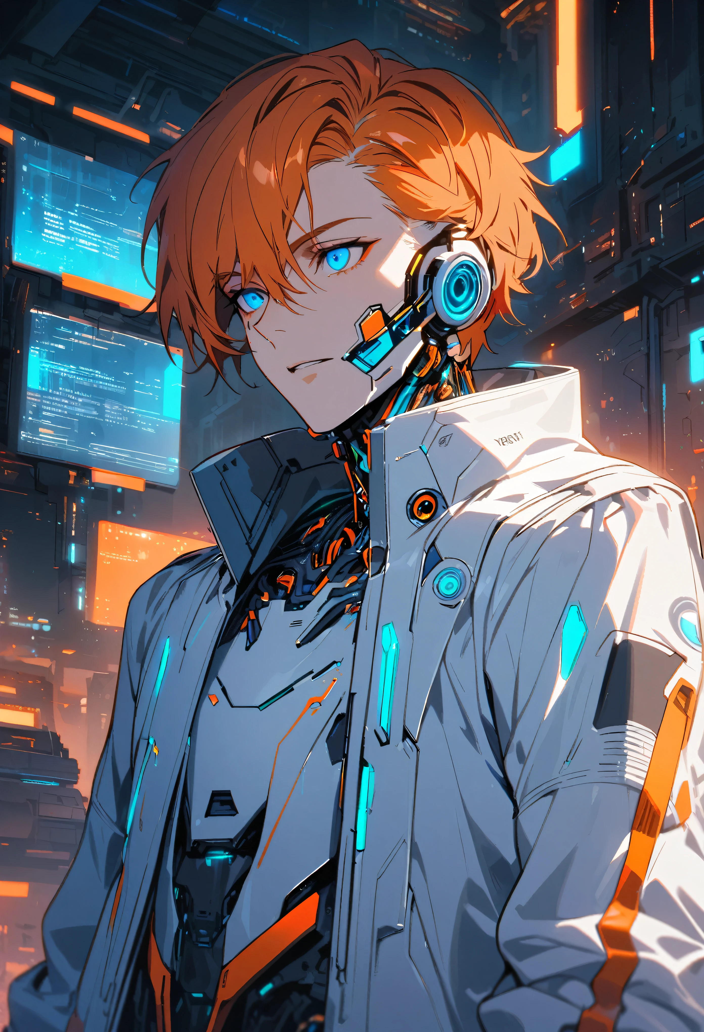 Handsome, solo, 1 male, short hair, orange hair, blue eyes, white clothes, futuristic, cyberpunk, cybernetic, neon, scientist